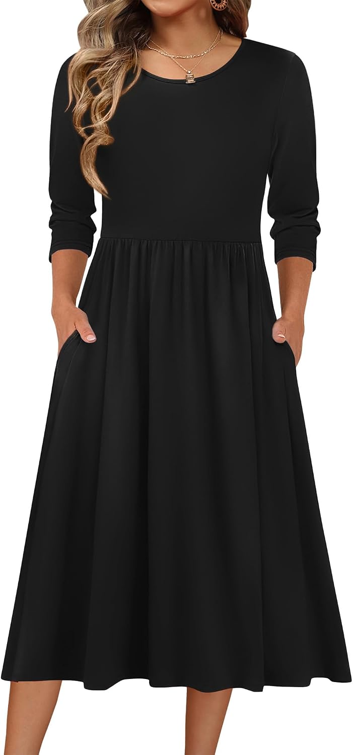 Zeagoo 3/4 Sleeve Women's Dress Casual Aline Summer Fall Midi Long Dresses