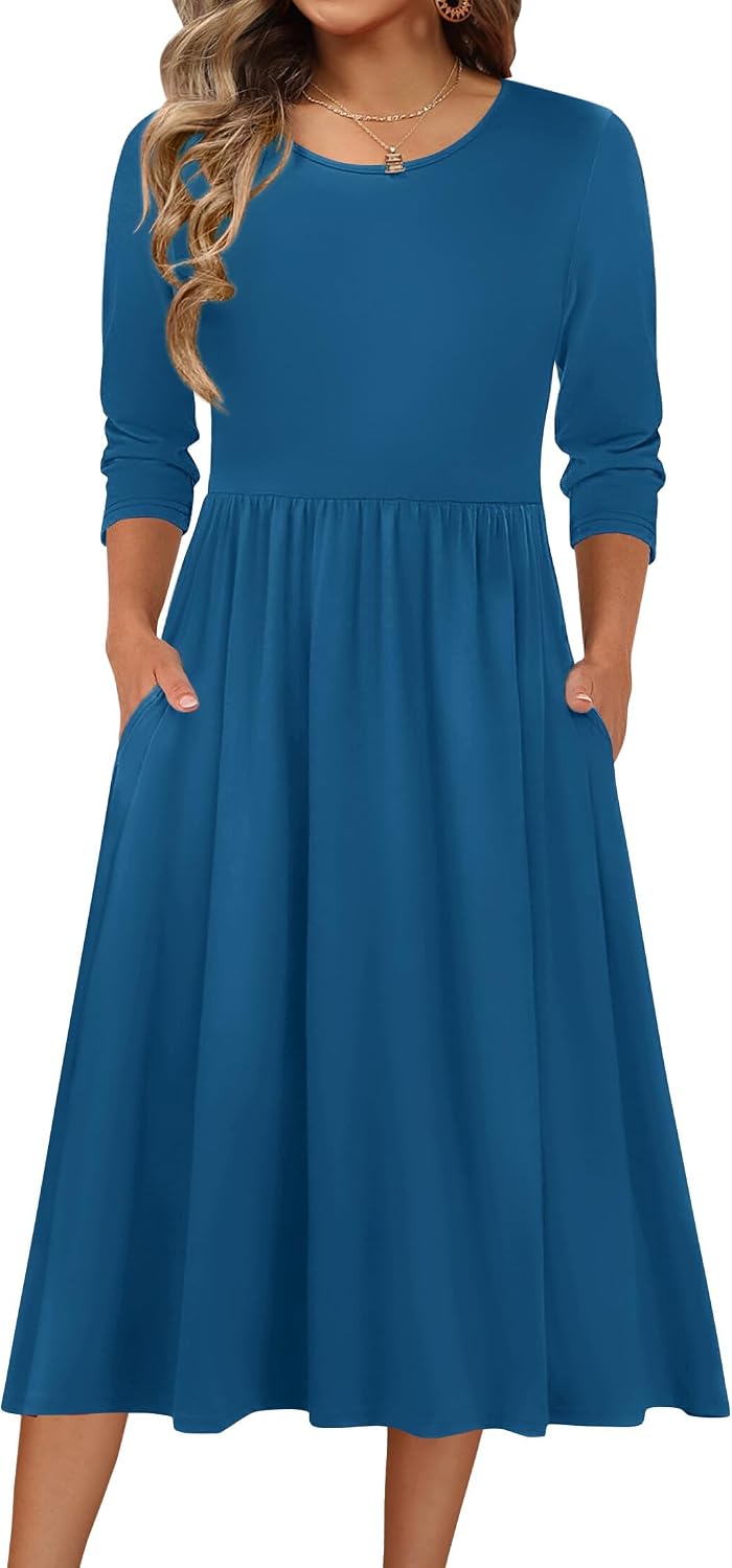 Zeagoo 3/4 Sleeve Women's Dress Casual Aline Summer Fall Midi Long Dresses