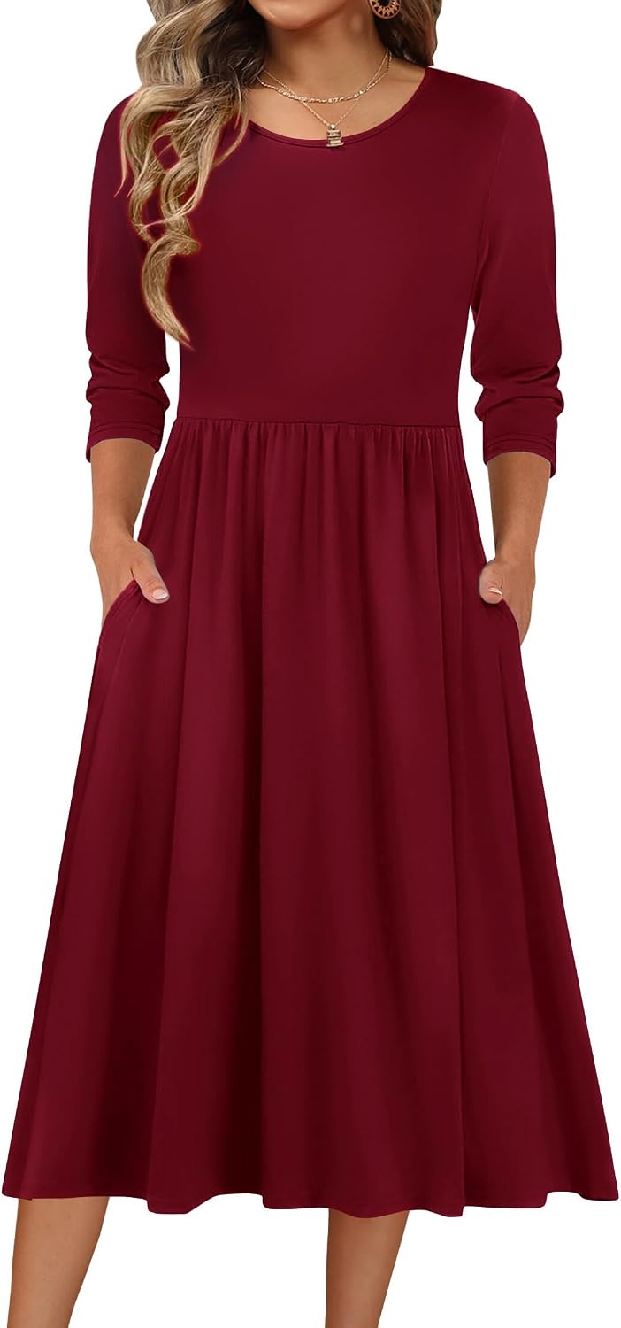 Zeagoo 3/4 Sleeve Women's Dress Casual Aline Summer Fall Midi Long Dresses