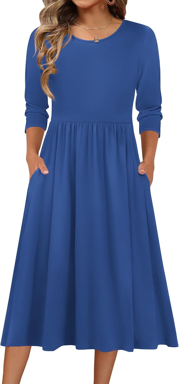 Zeagoo 3/4 Sleeve Women's Dress Casual Aline Summer Fall Midi Long Dresses