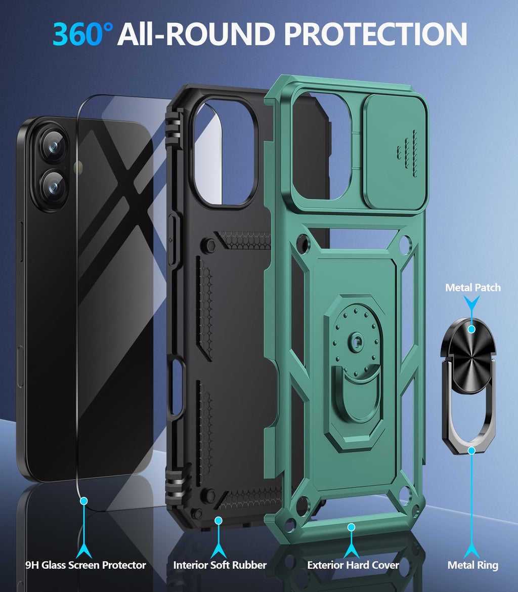 Taisairu for iPhone 17 Case with Screen Protector & Slide Camera Lens Cover, Built-in 360°Rotate Ring Stand Shockproof Protective Phone Case for iPhone 17 Phone Case (Blue)