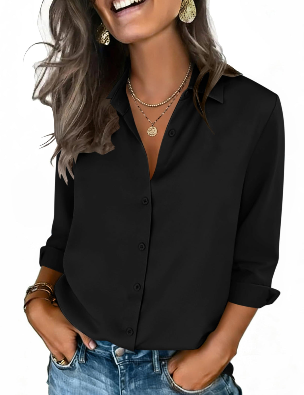 Zeagoo Button Down Shirts for Women 3/4 Sleeve Tops V Neck Collared Blouses Business Casual Outfits