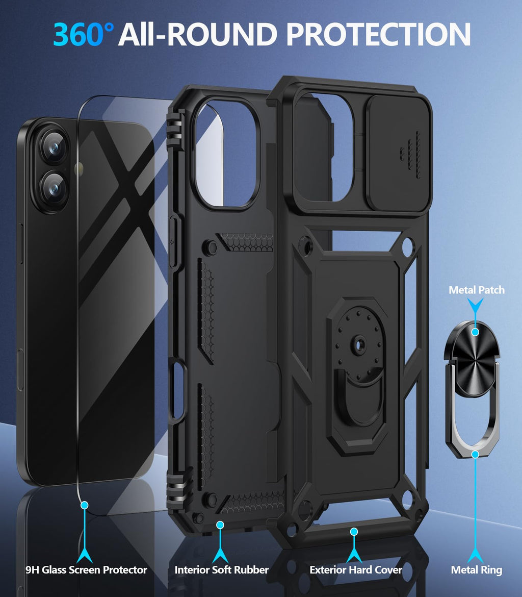 Taisairu for iPhone 17 Case with Screen Protector & Slide Camera Lens Cover, Built-in 360°Rotate Ring Stand Shockproof Protective Phone Case for iPhone 17 Phone Case (Blue)