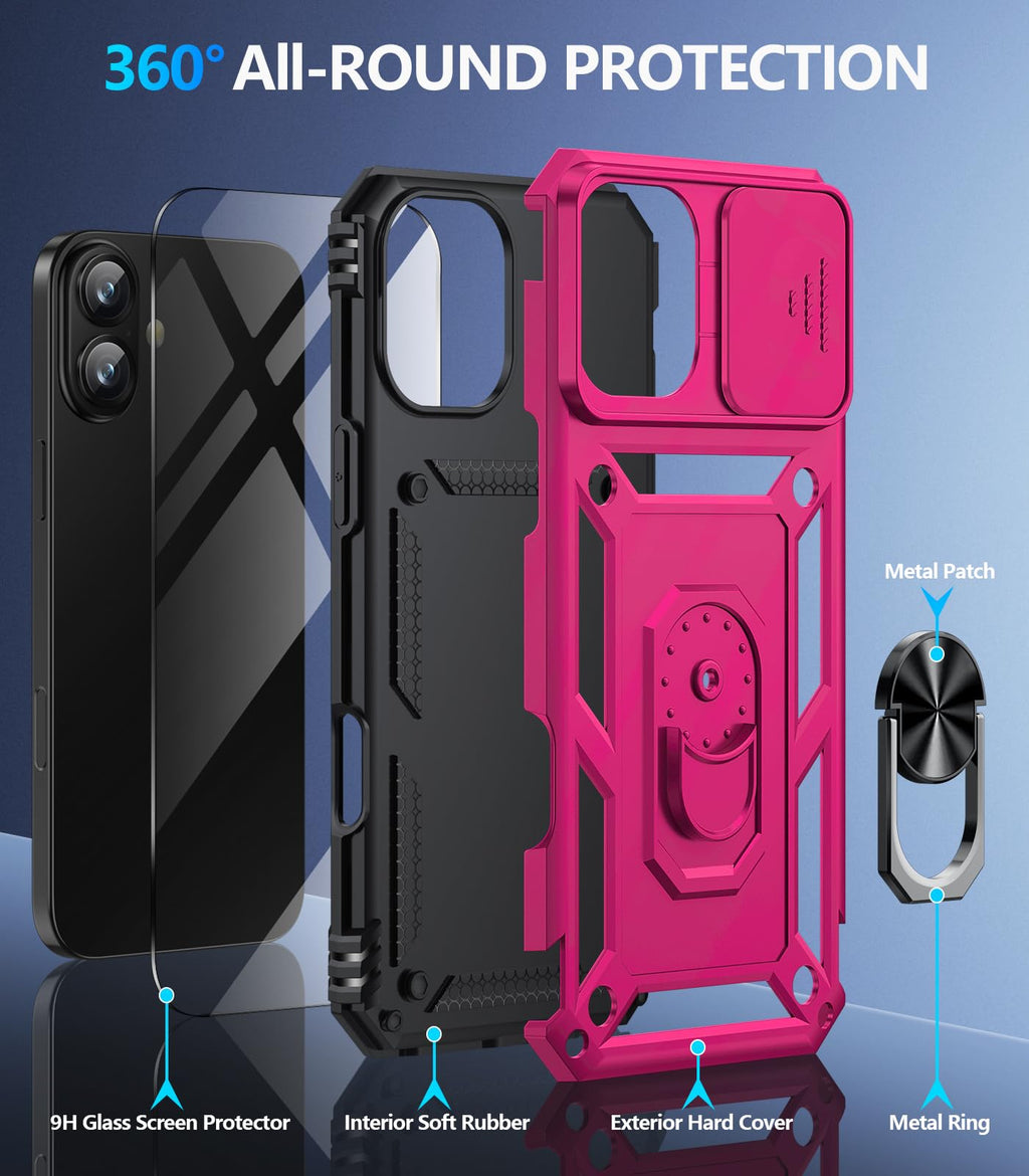 Taisairu for iPhone 17 Case with Screen Protector & Slide Camera Lens Cover, Built-in 360°Rotate Ring Stand Shockproof Protective Phone Case for iPhone 17 Phone Case (Blue)