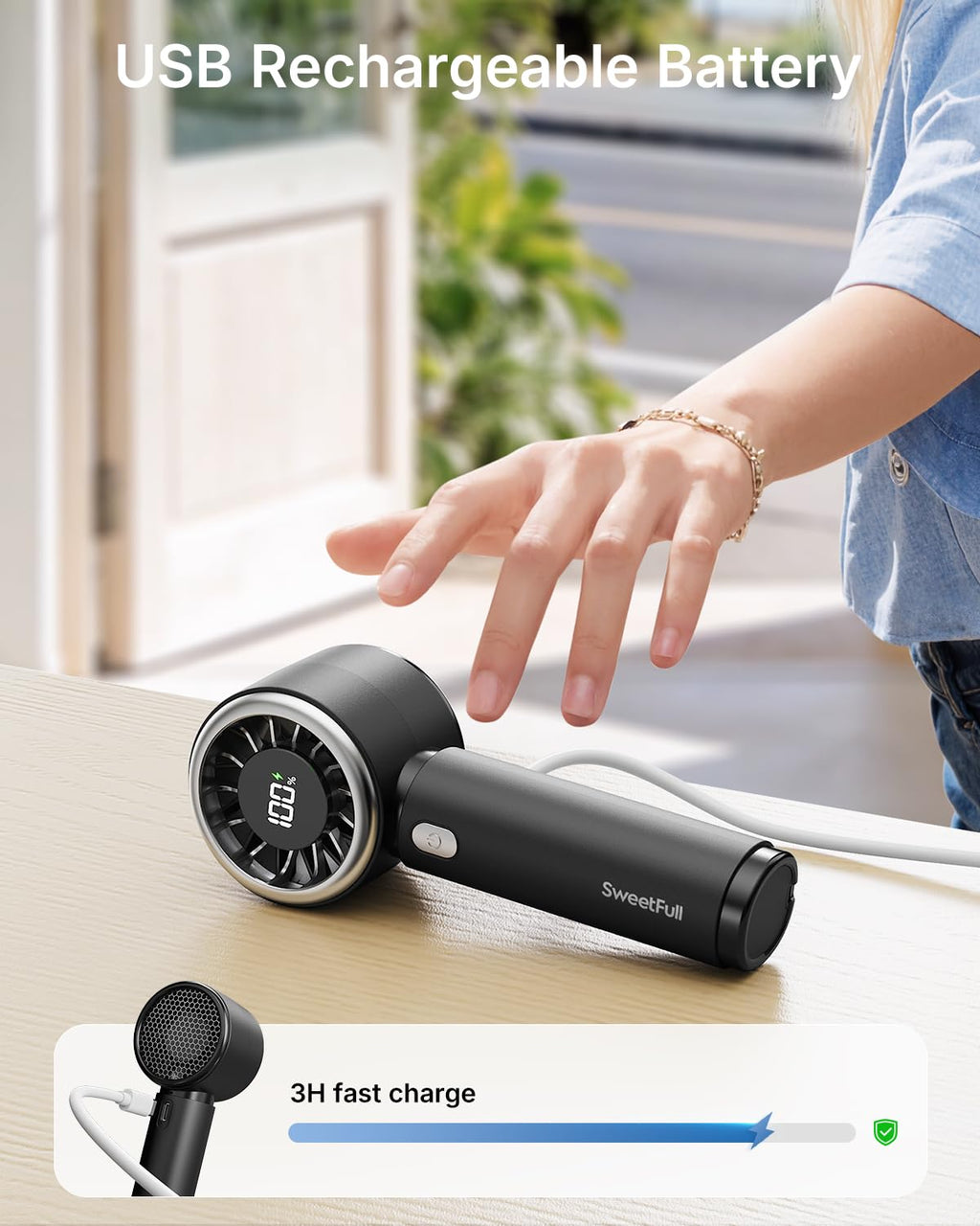 SWEETFULL Portable Handheld Fan, Mini Rechargeable Personal Hand Fan