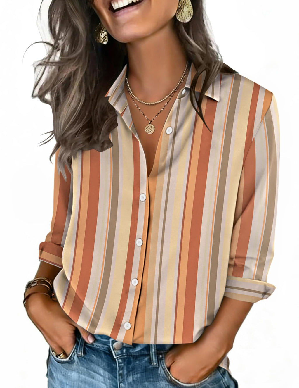 Zeagoo Button Down Shirts for Women 3/4 Sleeve Tops V Neck Collared Blouses Business Casual Outfits