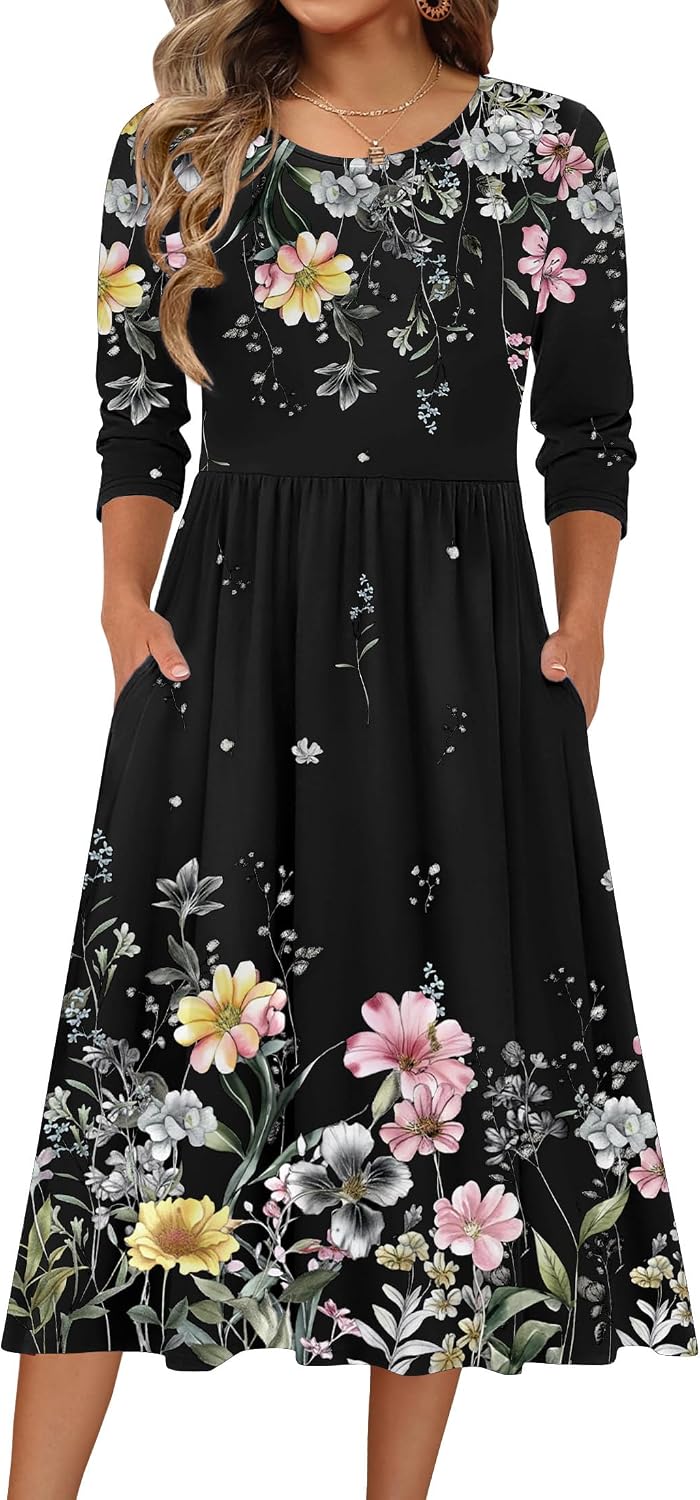Zeagoo 3/4 Sleeve Women's Dress Casual Aline Summer Fall Midi Long Dresses