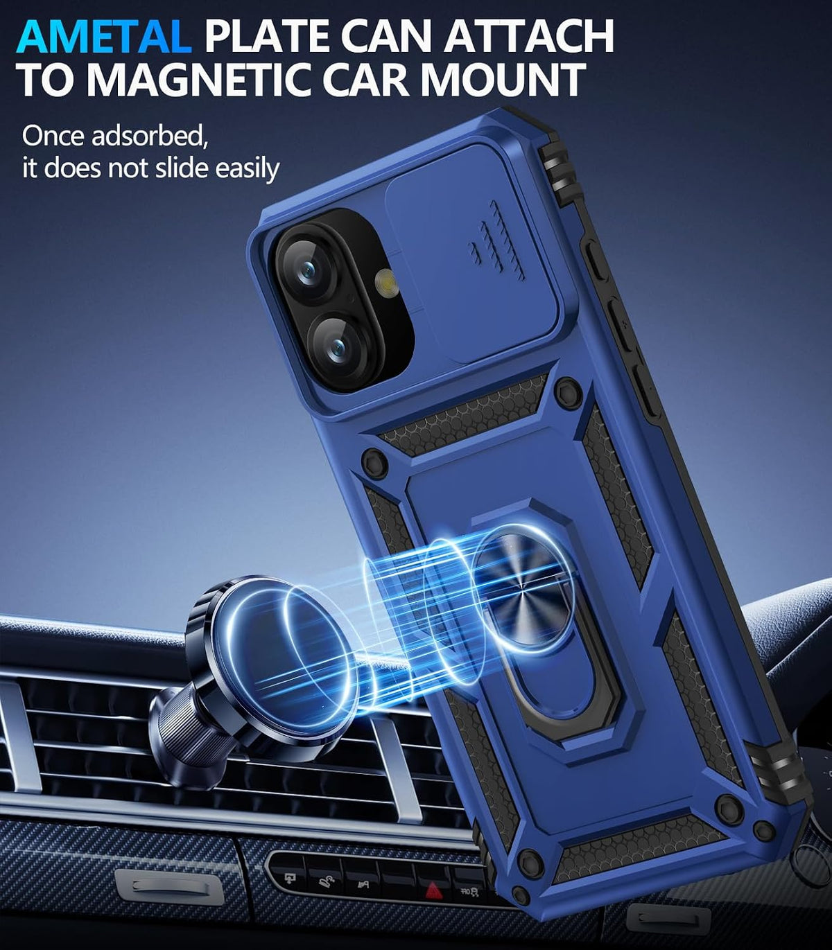Taisairu for iPhone 17 Case with Screen Protector & Slide Camera Lens Cover, Built-in 360°Rotate Ring Stand Shockproof Protective Phone Case for iPhone 17 Phone Case (Blue)