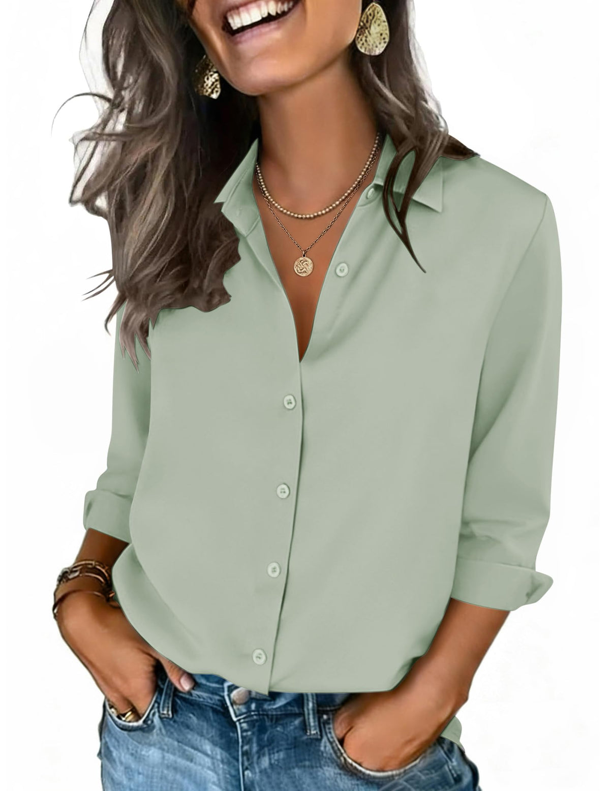 Zeagoo Button Down Shirts for Women 3/4 Sleeve Tops V Neck Collared Blouses Business Casual Outfits