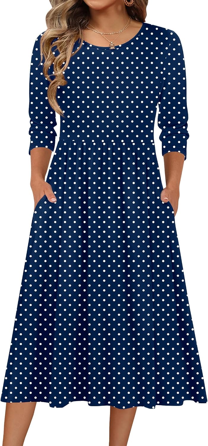 Zeagoo 3/4 Sleeve Women's Dress Casual Aline Summer Fall Midi Long Dresses