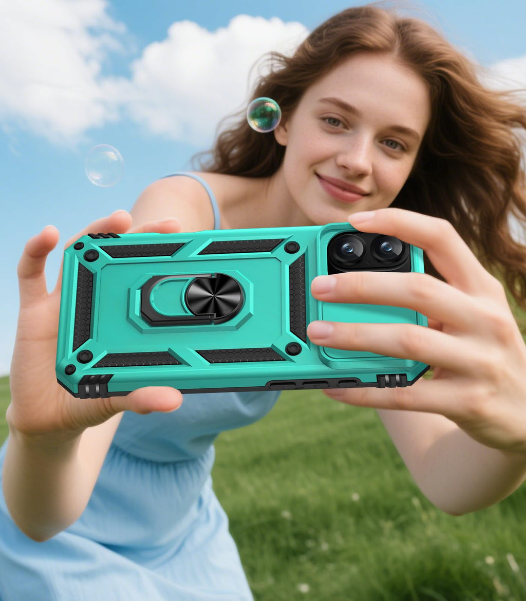 Taisairu for iPhone 17 Case with Screen Protector & Slide Camera Lens Cover, Built-in 360°Rotate Ring Stand Shockproof Protective Phone Case for iPhone 17 Phone Case (Blue)