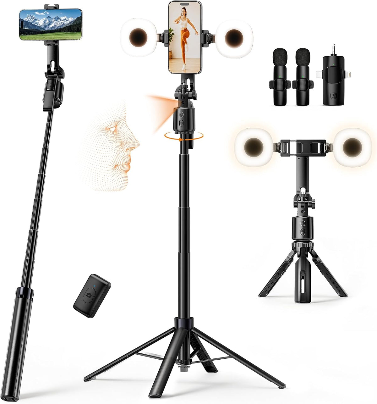 UBeesize 71" Vlogging Kit, Face Tracking Tripod, Desk Stand, Mics & Light