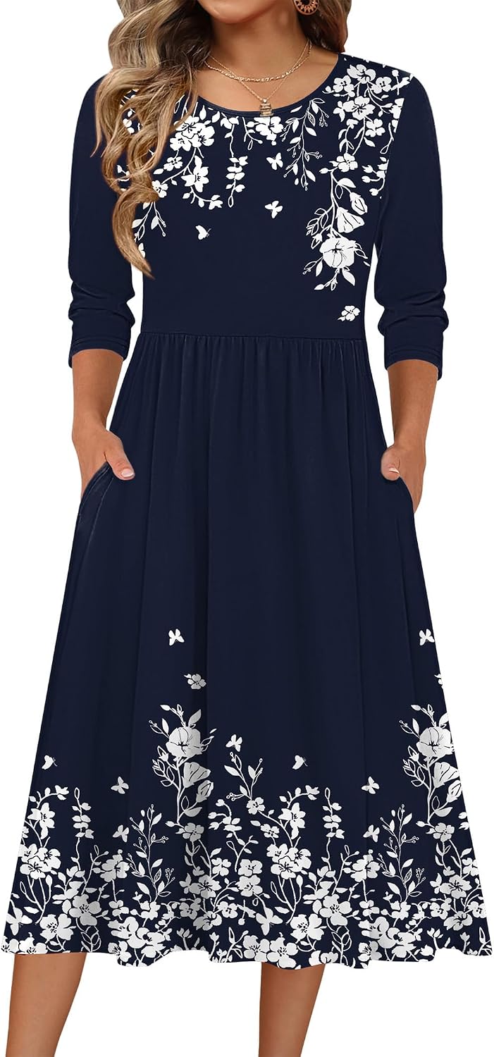 Zeagoo 3/4 Sleeve Women's Dress Casual Aline Summer Fall Midi Long Dresses