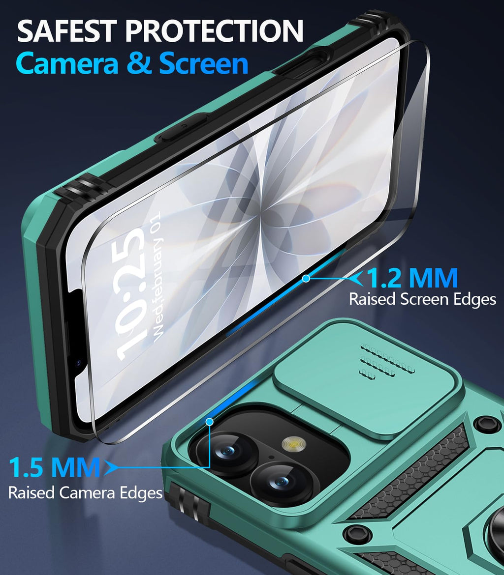 Taisairu for iPhone 17 Case with Screen Protector & Slide Camera Lens Cover, Built-in 360°Rotate Ring Stand Shockproof Protective Phone Case for iPhone 17 Phone Case (Blue)