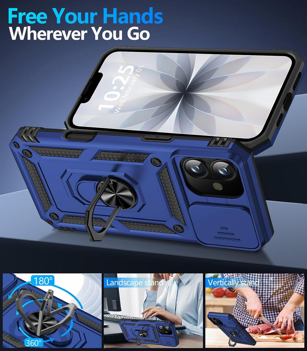 Taisairu for iPhone 17 Case with Screen Protector & Slide Camera Lens Cover, Built-in 360°Rotate Ring Stand Shockproof Protective Phone Case for iPhone 17 Phone Case (Blue)