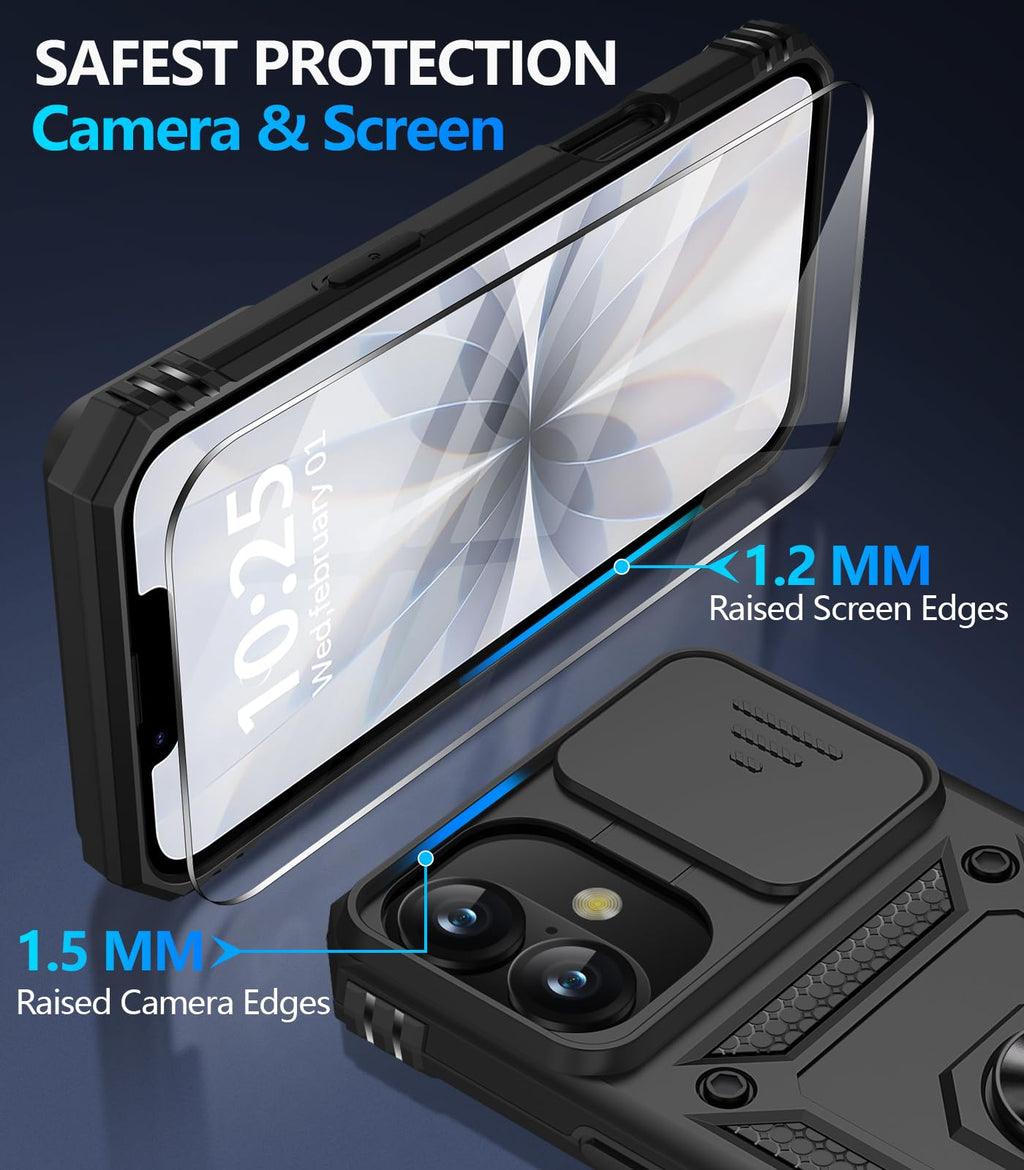 Taisairu for iPhone 17 Case with Screen Protector & Slide Camera Lens Cover, Built-in 360°Rotate Ring Stand Shockproof Protective Phone Case for iPhone 17 Phone Case (Blue)