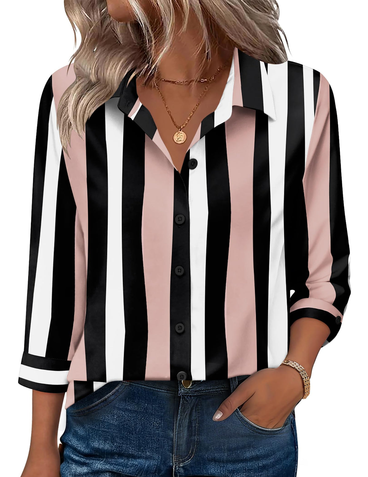 Zeagoo Button Down Shirts for Women 3/4 Sleeve Tops V Neck Collared Blouses Business Casual Outfits