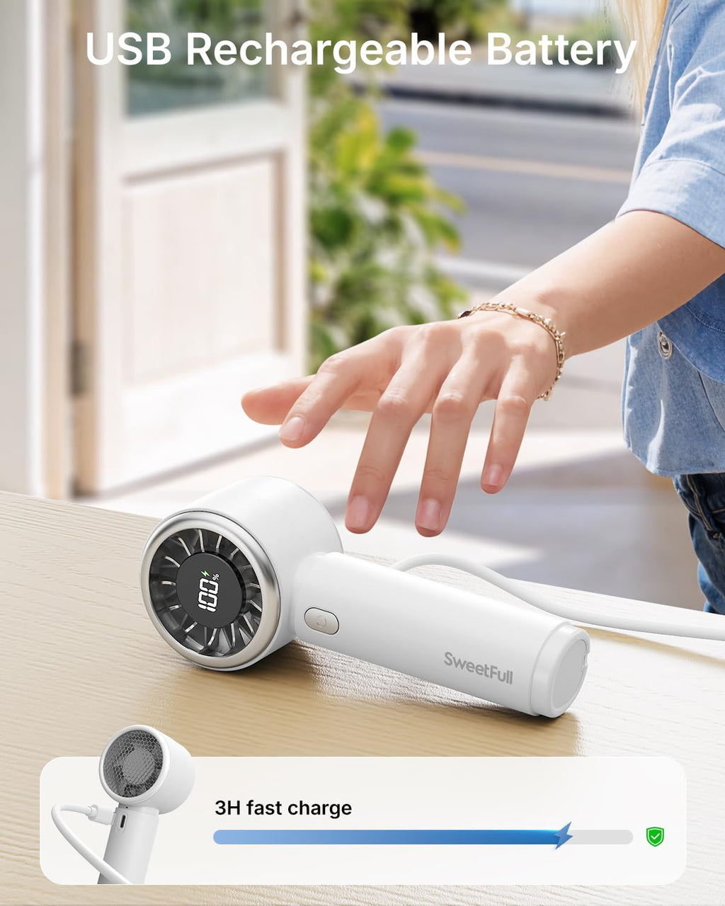 SWEETFULL Portable Handheld Fan, Mini Rechargeable Personal Hand Fan