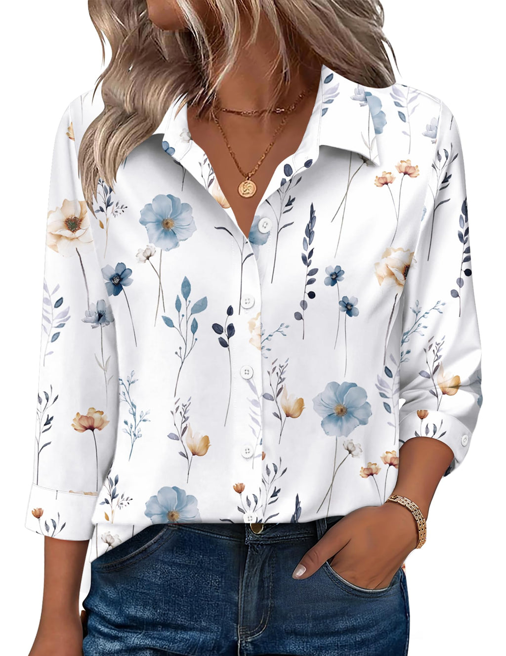 Zeagoo Button Down Shirts for Women 3/4 Sleeve Tops V Neck Collared Blouses Business Casual Outfits