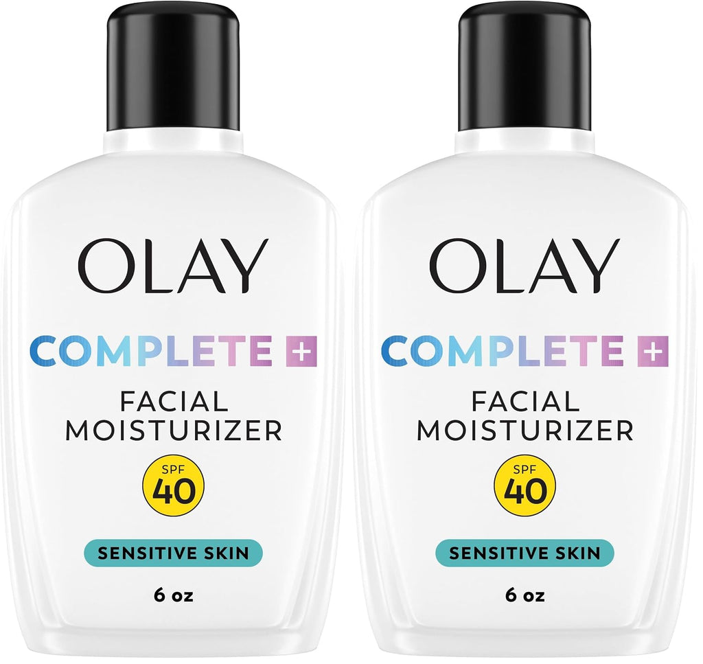 Olay Complete+ Face Moisturizer with Sunscreen SPF 40, For Sensitive Skin, Broad Spectrum Sun Protection, Fragrence-Free - No White Cast on All Tones, Nourishes Moisture Barrier - Ceramides, 6 Oz