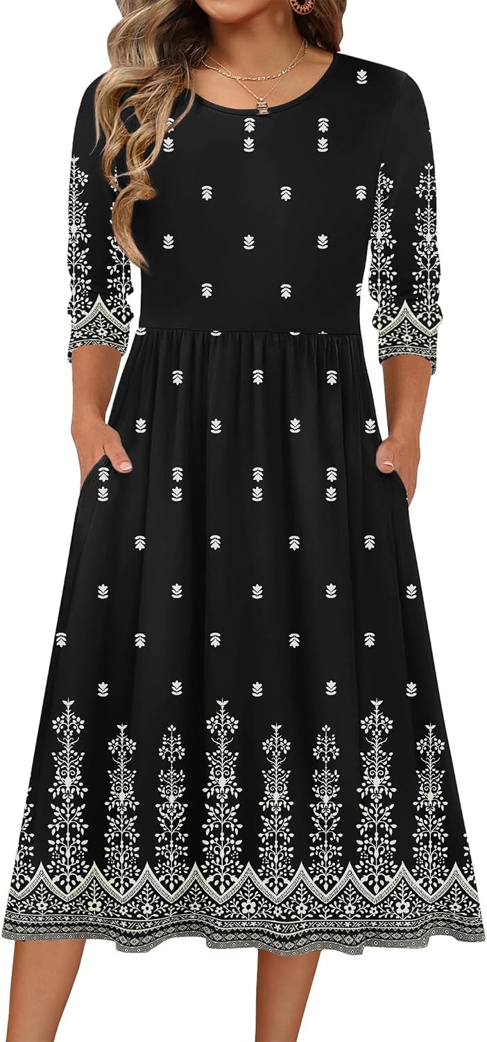 Zeagoo 3/4 Sleeve Women's Dress Casual Aline Summer Fall Midi Long Dresses