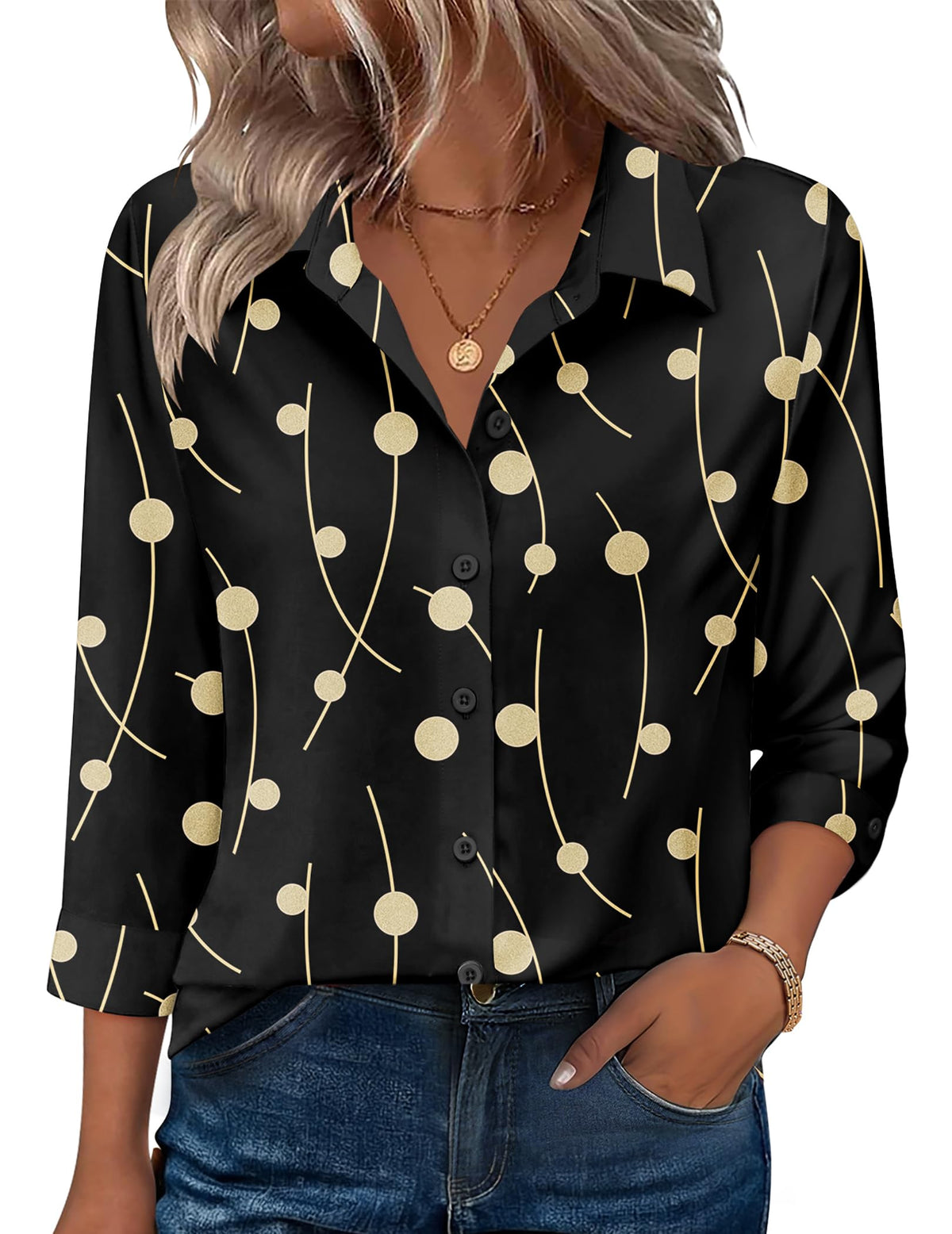 Zeagoo Button Down Shirts for Women 3/4 Sleeve Tops V Neck Collared Blouses Business Casual Outfits