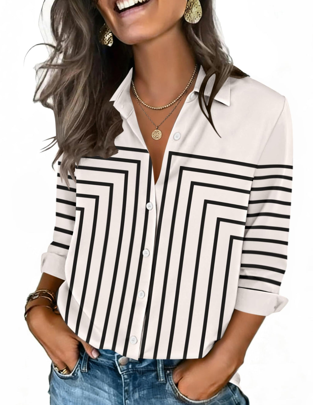 Zeagoo Button Down Shirts for Women 3/4 Sleeve Tops V Neck Collared Blouses Business Casual Outfits