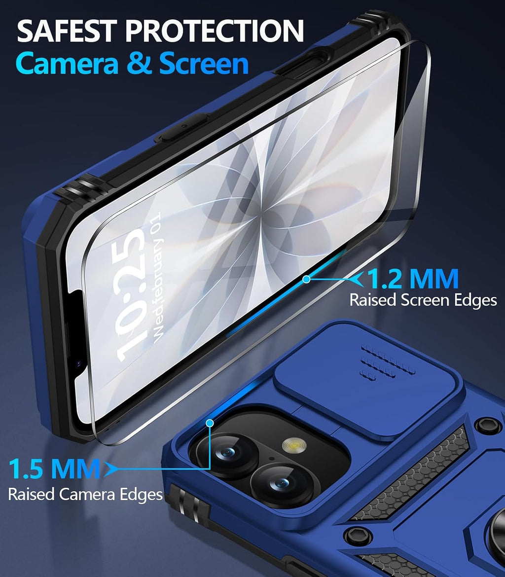 Taisairu for iPhone 17 Case with Screen Protector & Slide Camera Lens Cover, Built-in 360°Rotate Ring Stand Shockproof Protective Phone Case for iPhone 17 Phone Case (Blue)