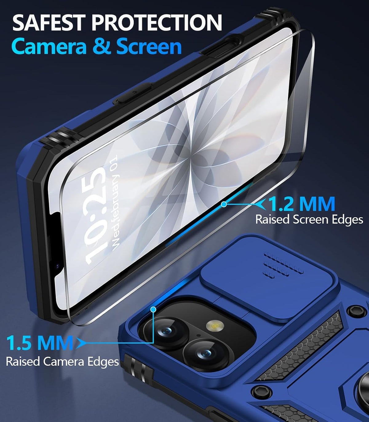 Taisairu for iPhone 17 Case with Screen Protector & Slide Camera Lens Cover, Built-in 360°Rotate Ring Stand Shockproof Protective Phone Case for iPhone 17 Phone Case (Blue)