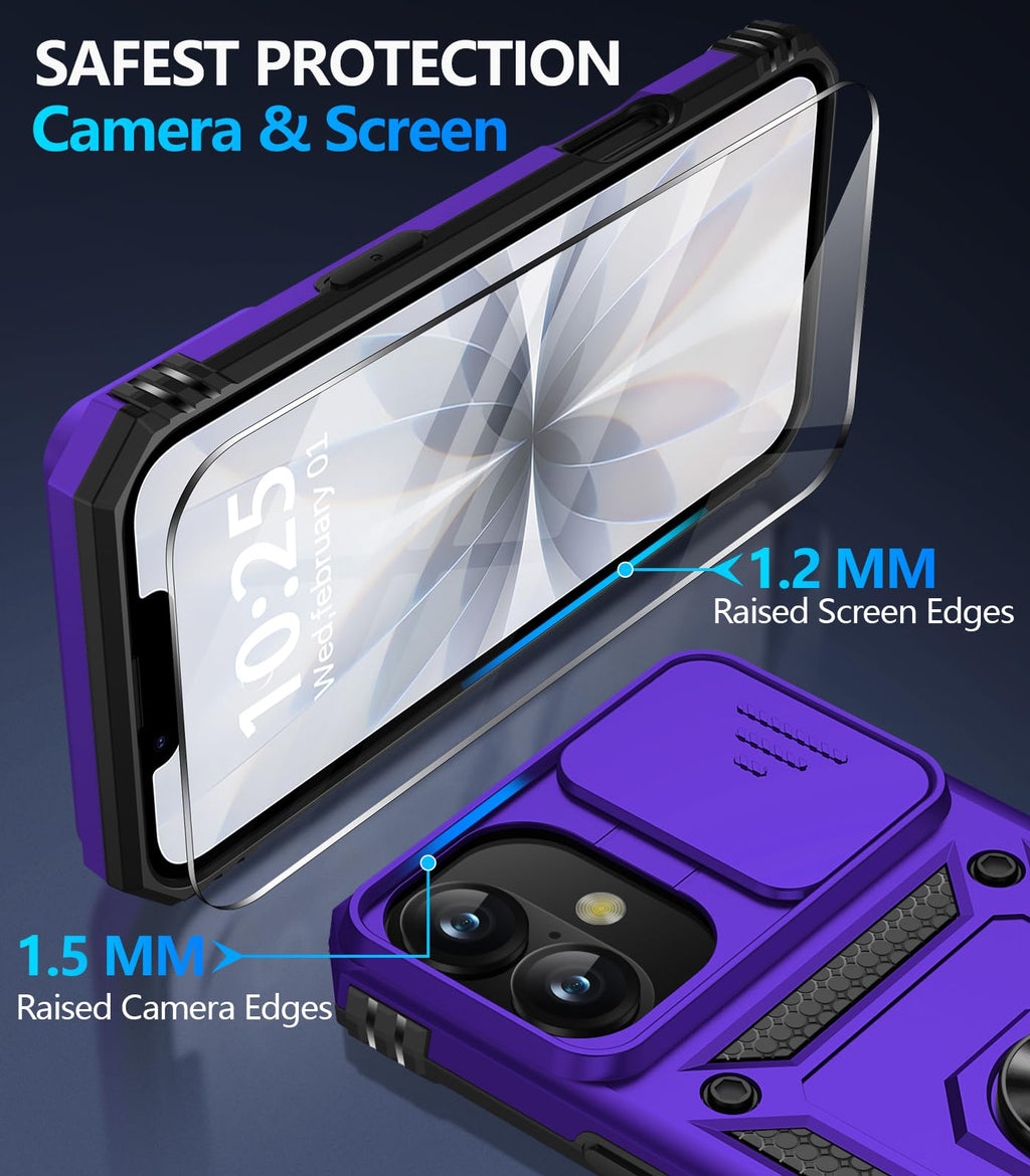 Taisairu for iPhone 17 Case with Screen Protector & Slide Camera Lens Cover, Built-in 360°Rotate Ring Stand Shockproof Protective Phone Case for iPhone 17 Phone Case (Blue)