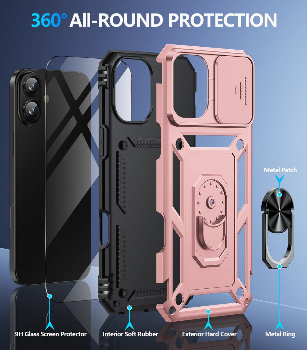 Taisairu for iPhone 17 Case with Screen Protector & Slide Camera Lens Cover, Built-in 360°Rotate Ring Stand Shockproof Protective Phone Case for iPhone 17 Phone Case (Blue)