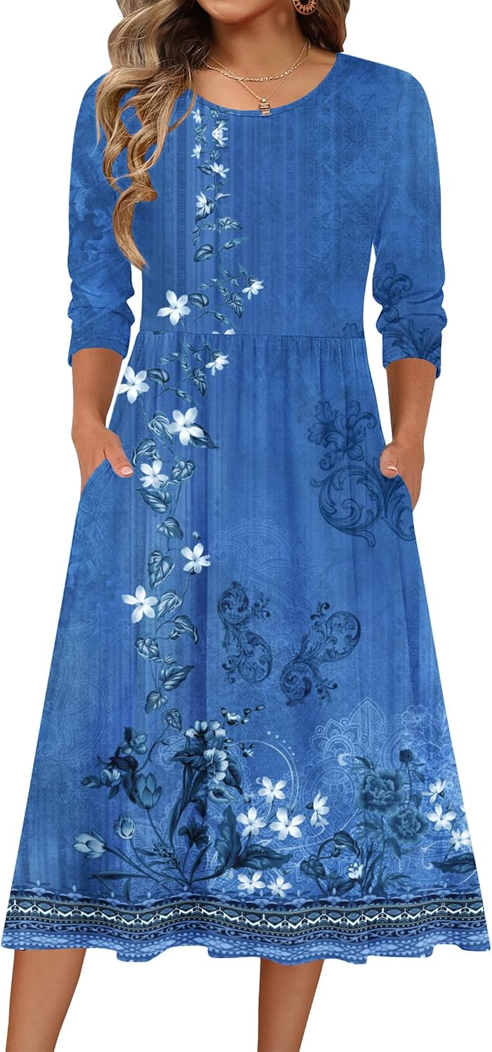 Zeagoo 3/4 Sleeve Women's Dress Casual Aline Summer Fall Midi Long Dresses