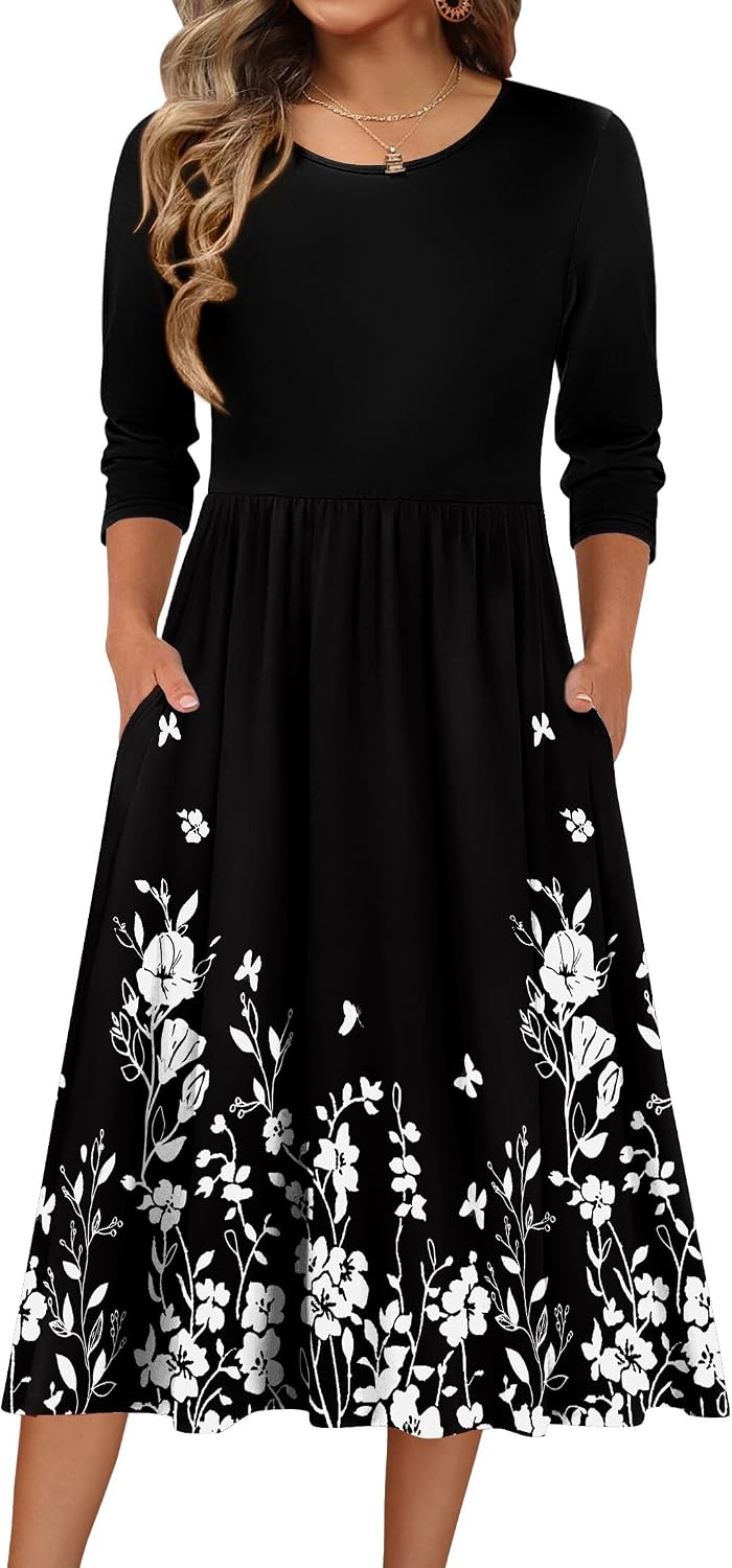 Zeagoo 3/4 Sleeve Women's Dress Casual Aline Summer Fall Midi Long Dresses