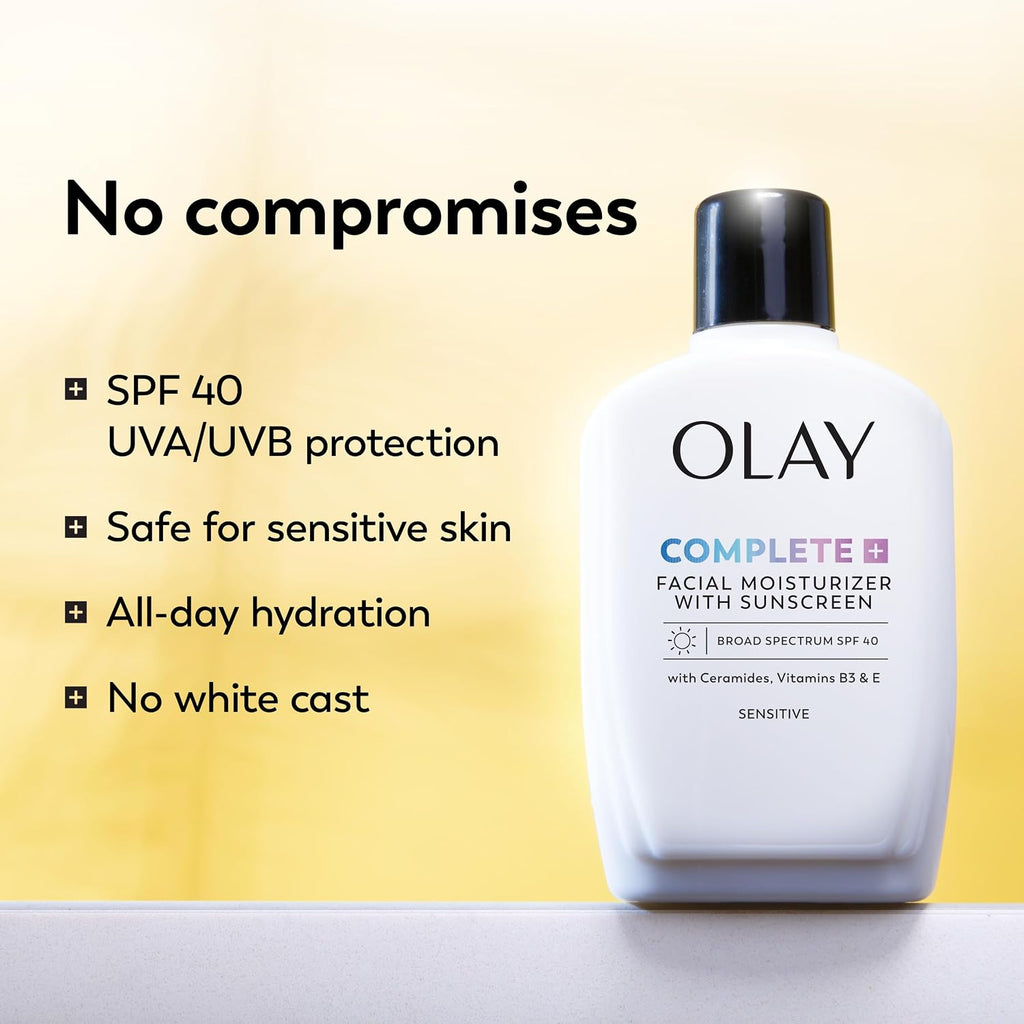 Olay Complete+ Face Moisturizer with Sunscreen SPF 40, For Sensitive Skin, Broad Spectrum Sun Protection, Fragrence-Free - No White Cast on All Tones, Nourishes Moisture Barrier - Ceramides, 6 Oz