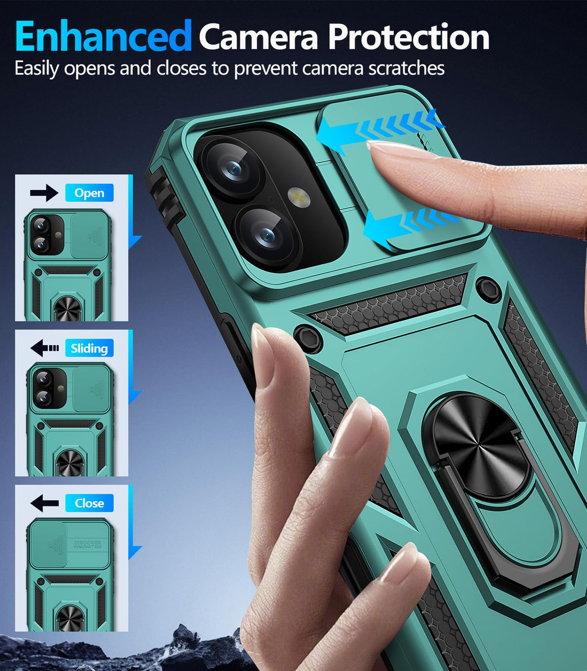 Taisairu for iPhone 17 Case with Screen Protector & Slide Camera Lens Cover, Built-in 360°Rotate Ring Stand Shockproof Protective Phone Case for iPhone 17 Phone Case (Blue)
