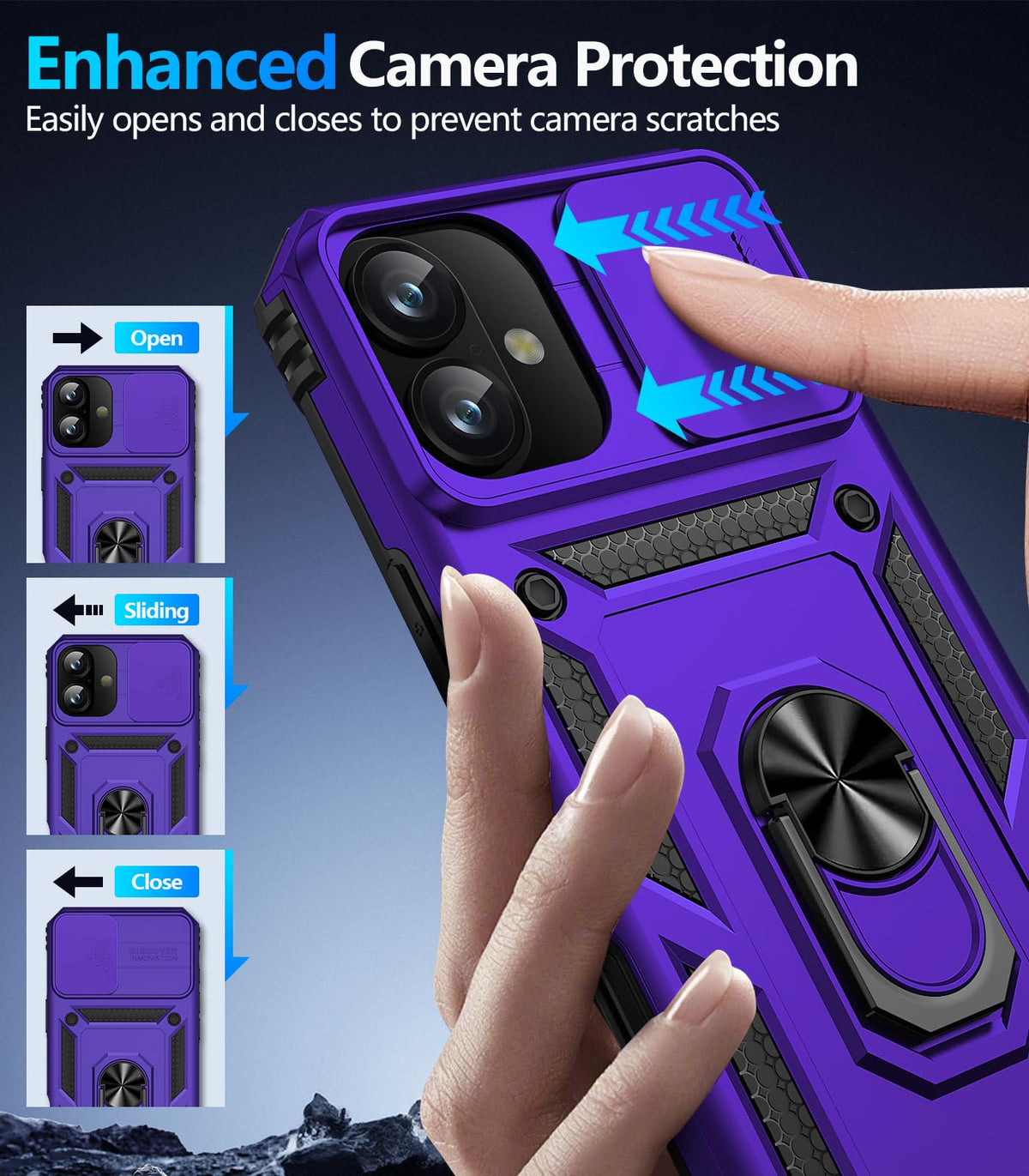 Taisairu for iPhone 17 Case with Screen Protector & Slide Camera Lens Cover, Built-in 360°Rotate Ring Stand Shockproof Protective Phone Case for iPhone 17 Phone Case (Blue)