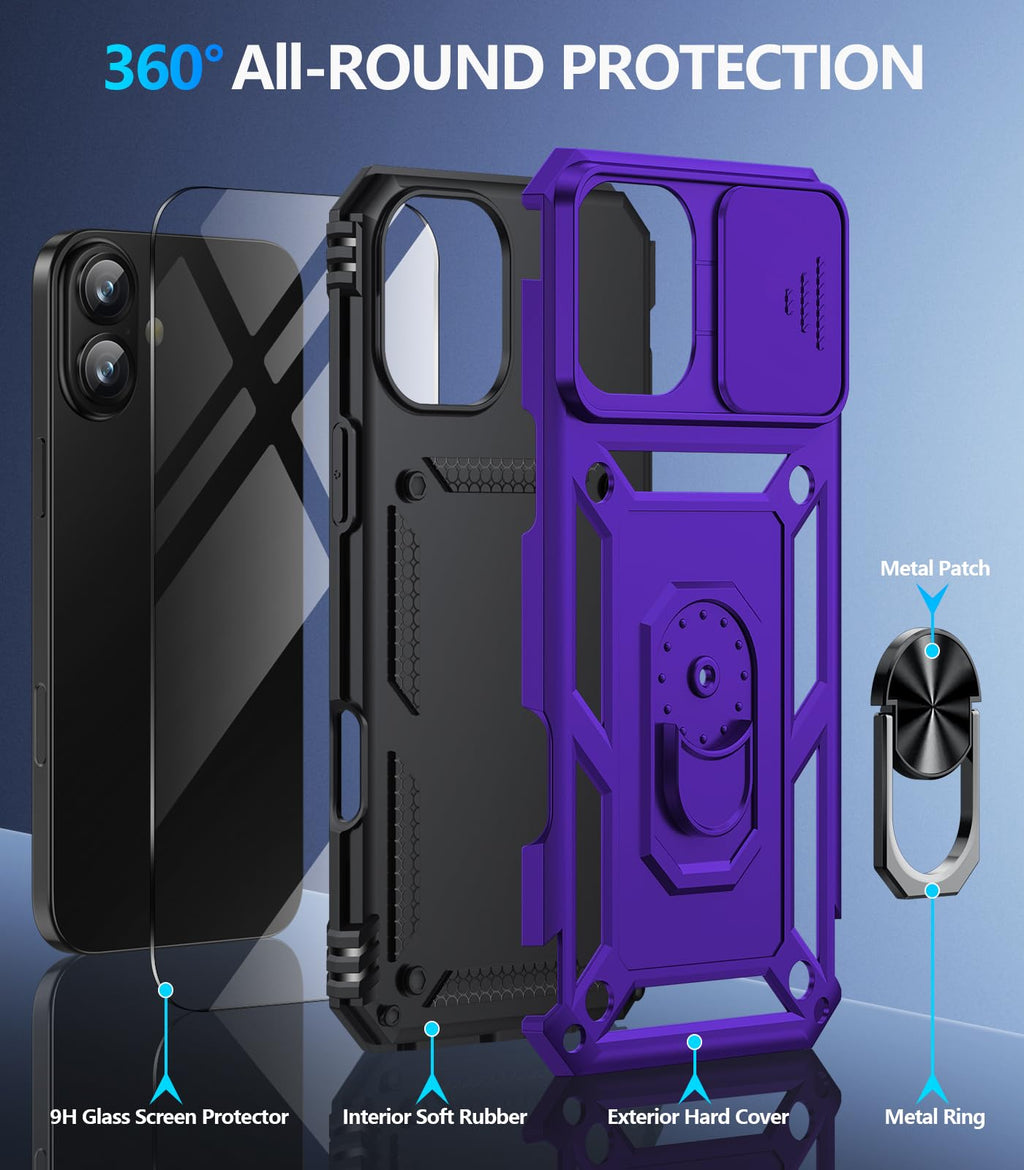 Taisairu for iPhone 17 Case with Screen Protector & Slide Camera Lens Cover, Built-in 360°Rotate Ring Stand Shockproof Protective Phone Case for iPhone 17 Phone Case (Blue)