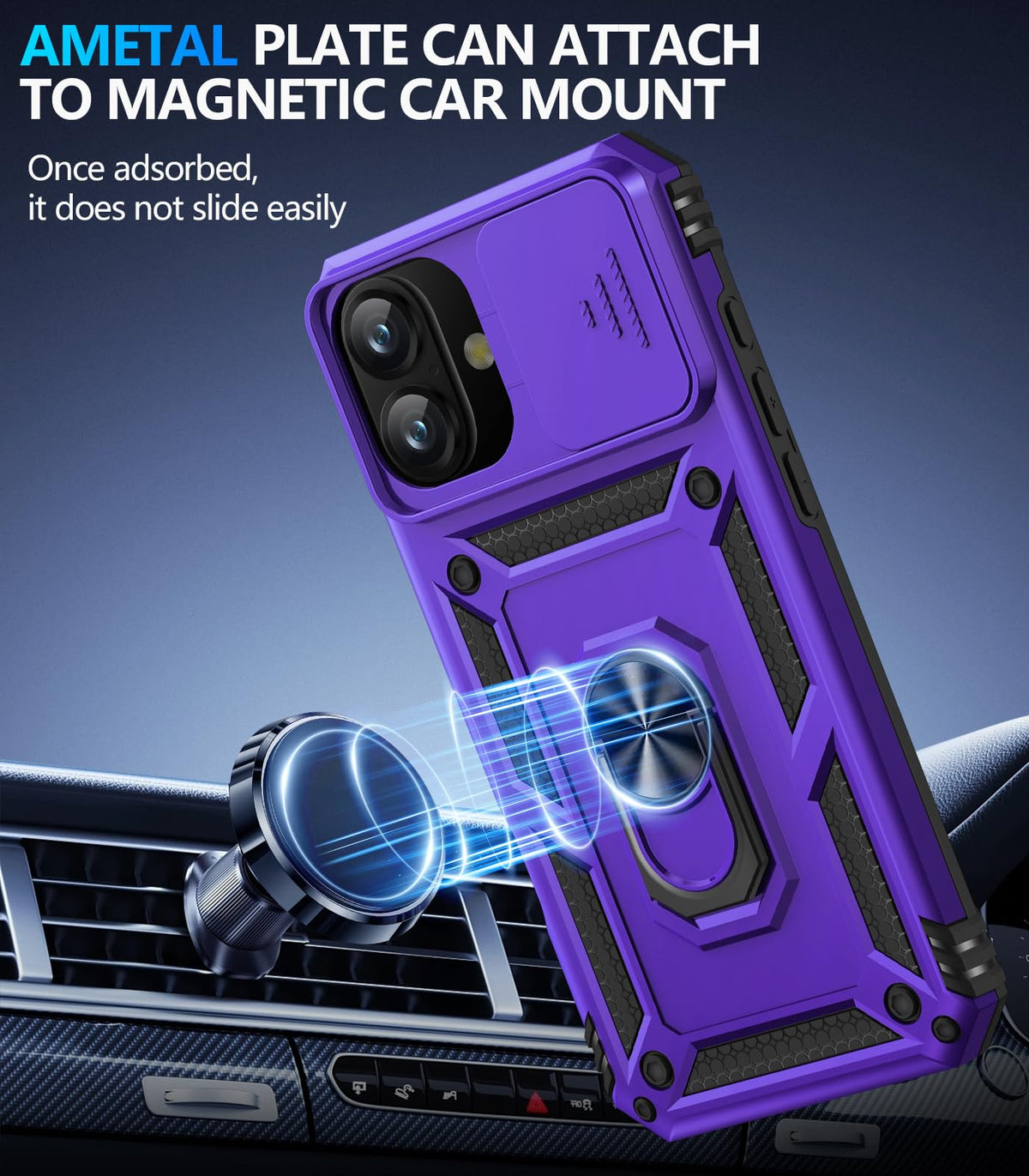 Taisairu for iPhone 17 Case with Screen Protector & Slide Camera Lens Cover, Built-in 360°Rotate Ring Stand Shockproof Protective Phone Case for iPhone 17 Phone Case (Blue)