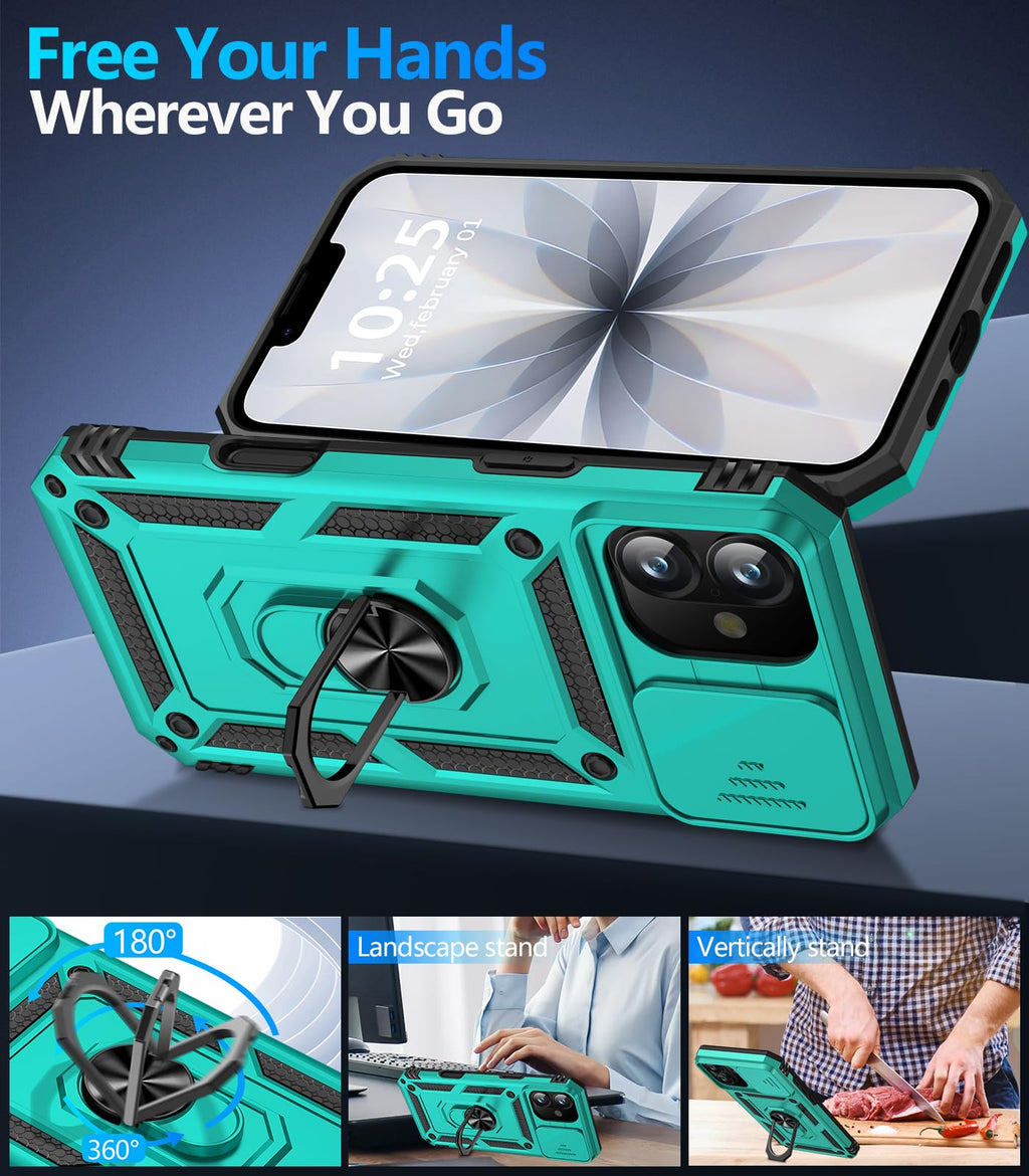 Taisairu for iPhone 17 Case with Screen Protector & Slide Camera Lens Cover, Built-in 360°Rotate Ring Stand Shockproof Protective Phone Case for iPhone 17 Phone Case (Blue)