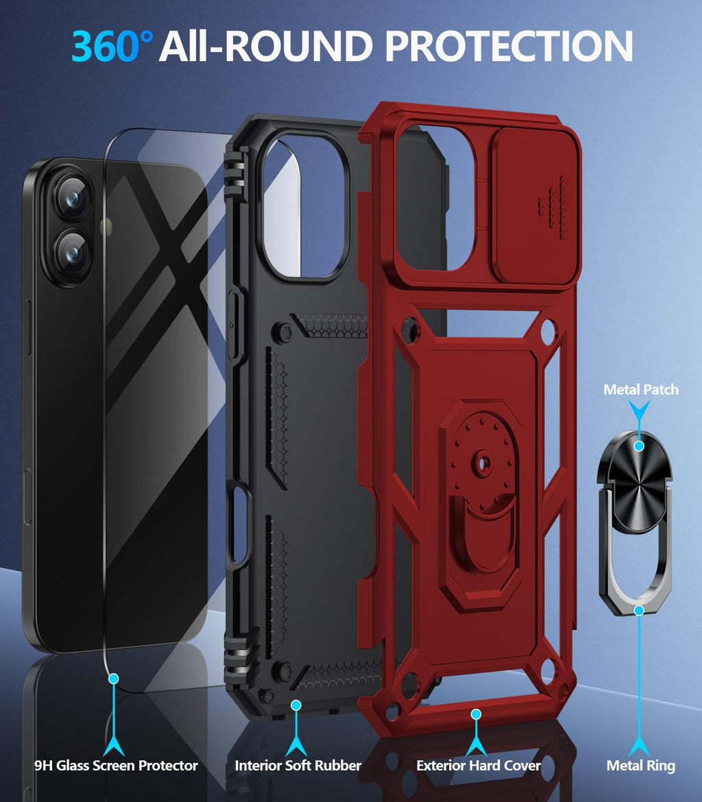 Taisairu for iPhone 17 Case with Screen Protector & Slide Camera Lens Cover, Built-in 360°Rotate Ring Stand Shockproof Protective Phone Case for iPhone 17 Phone Case (Blue)