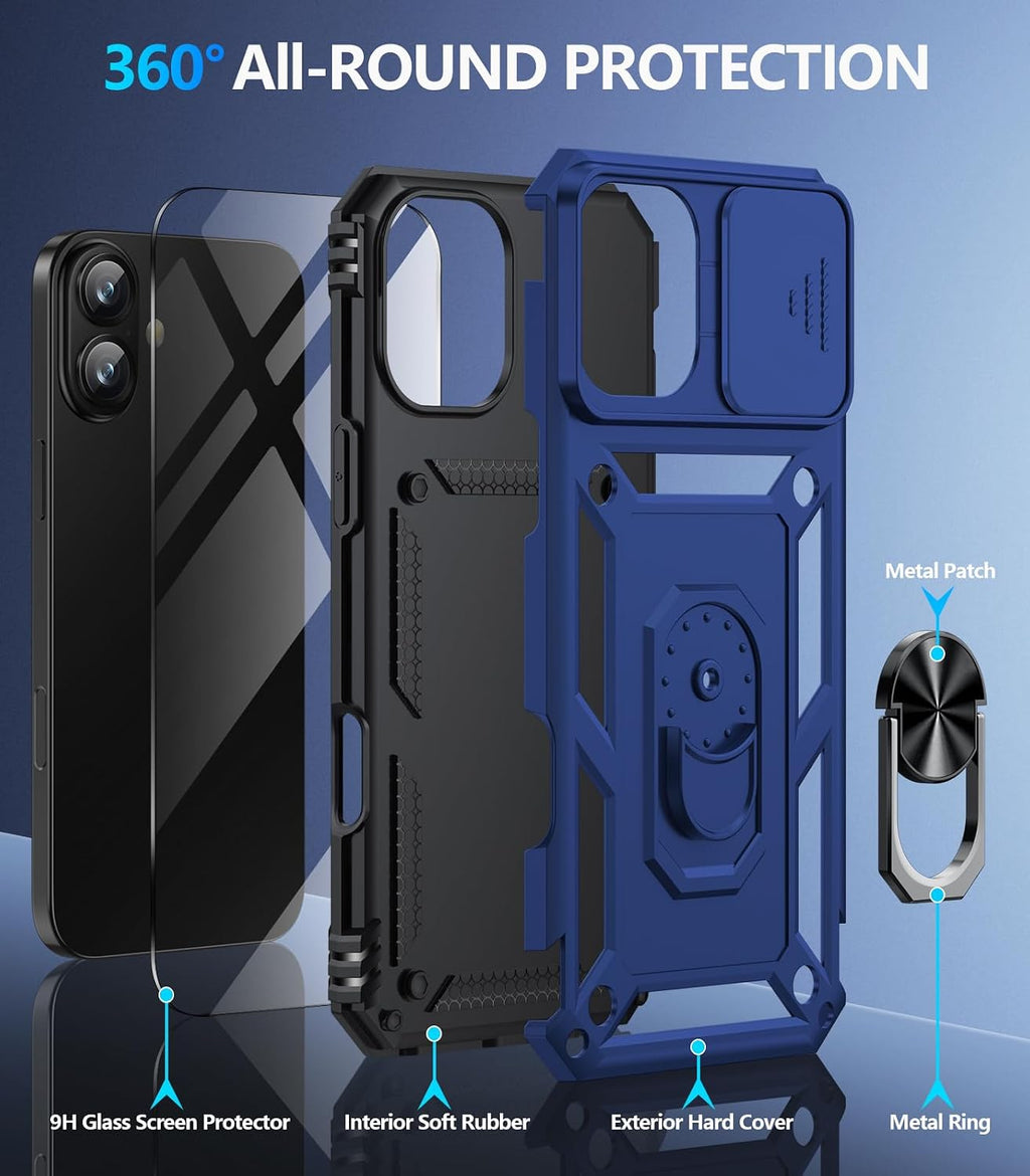 Taisairu for iPhone 17 Case with Screen Protector & Slide Camera Lens Cover, Built-in 360°Rotate Ring Stand Shockproof Protective Phone Case for iPhone 17 Phone Case (Blue)