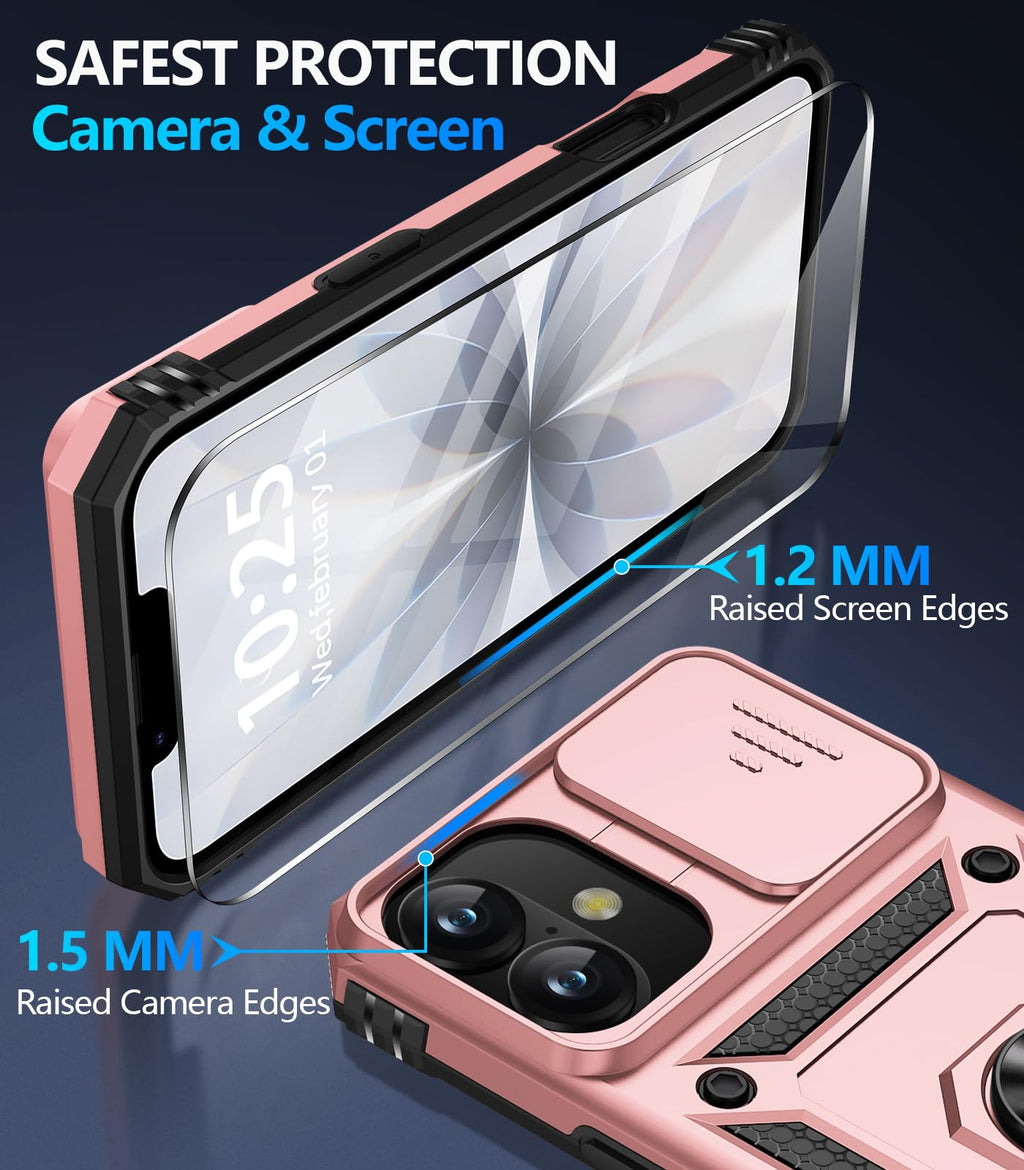 Taisairu for iPhone 17 Case with Screen Protector & Slide Camera Lens Cover, Built-in 360°Rotate Ring Stand Shockproof Protective Phone Case for iPhone 17 Phone Case (Blue)