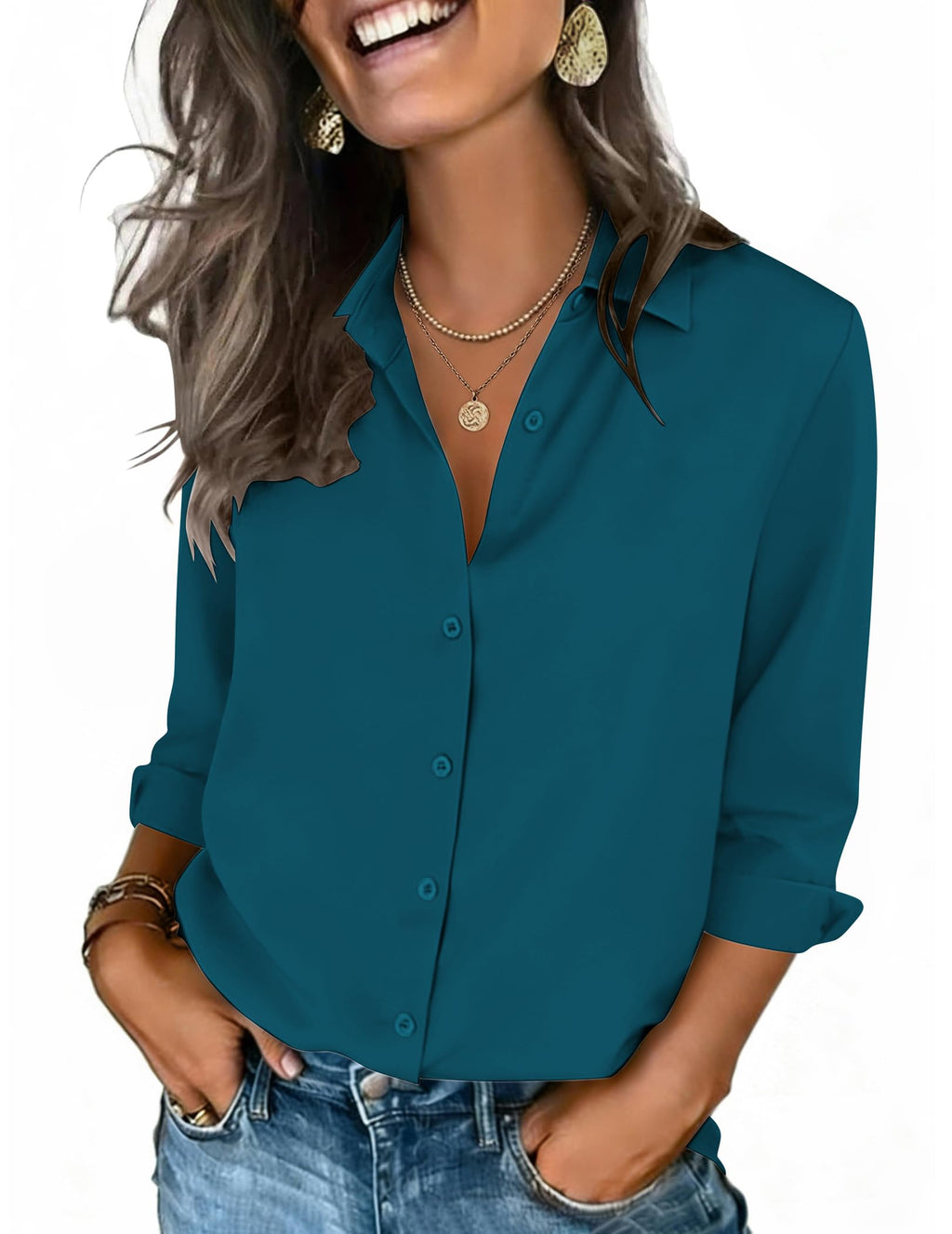 Zeagoo Button Down Shirts for Women 3/4 Sleeve Tops V Neck Collared Blouses Business Casual Outfits