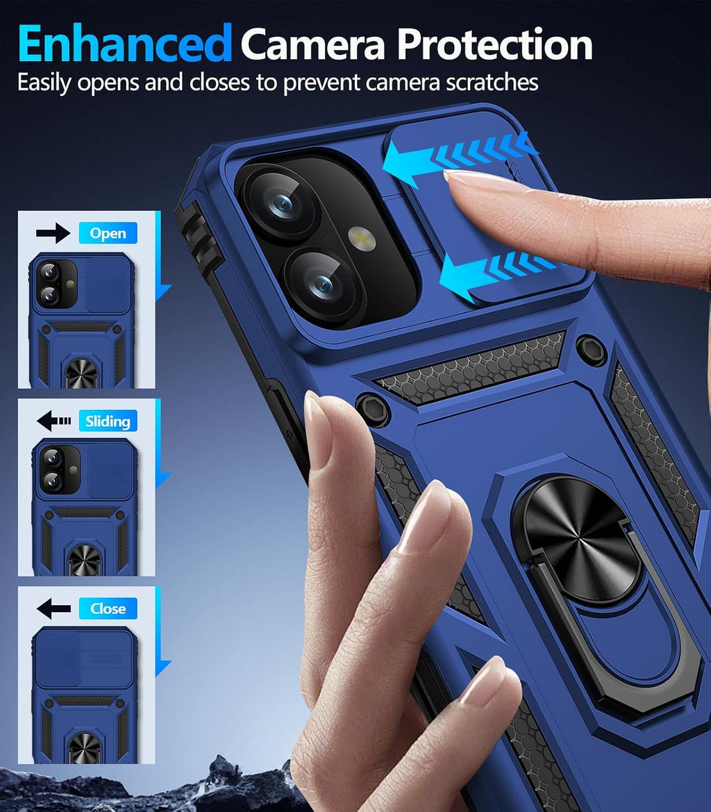 Taisairu for iPhone 17 Case with Screen Protector & Slide Camera Lens Cover, Built-in 360°Rotate Ring Stand Shockproof Protective Phone Case for iPhone 17 Phone Case (Blue)