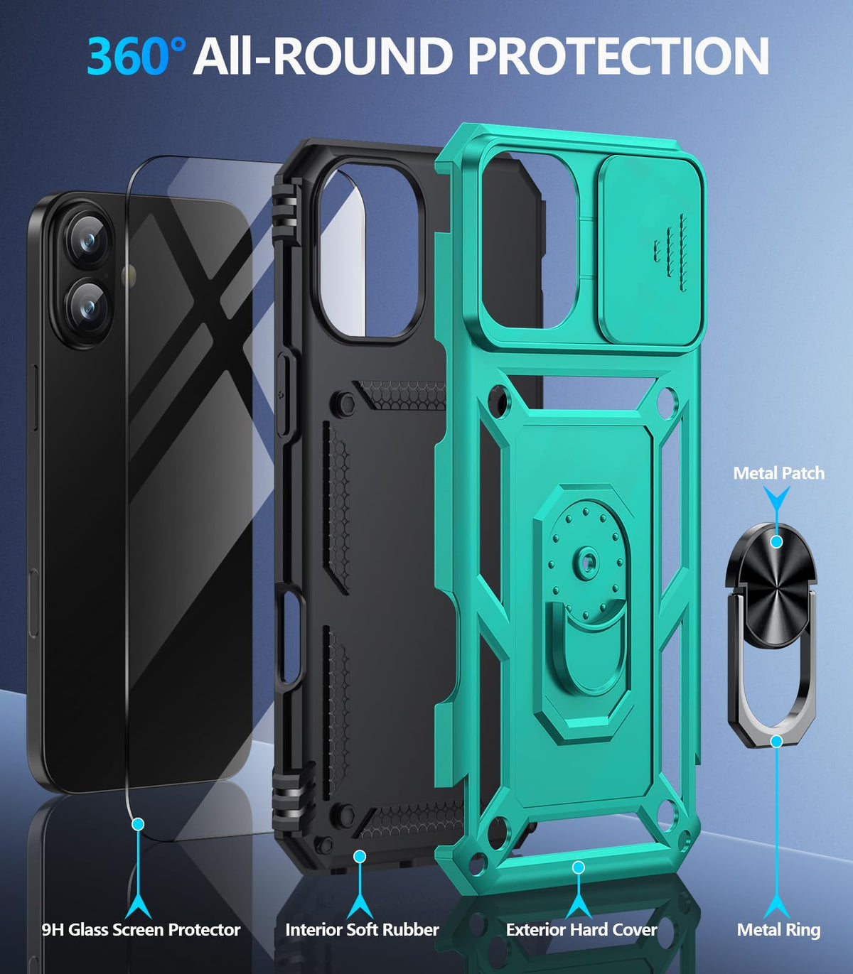Taisairu for iPhone 17 Case with Screen Protector & Slide Camera Lens Cover, Built-in 360°Rotate Ring Stand Shockproof Protective Phone Case for iPhone 17 Phone Case (Blue)