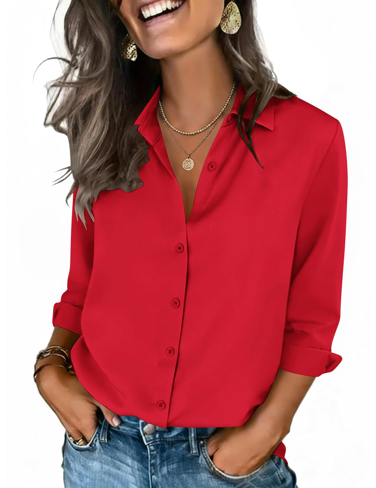Zeagoo Button Down Shirts for Women 3/4 Sleeve Tops V Neck Collared Blouses Business Casual Outfits