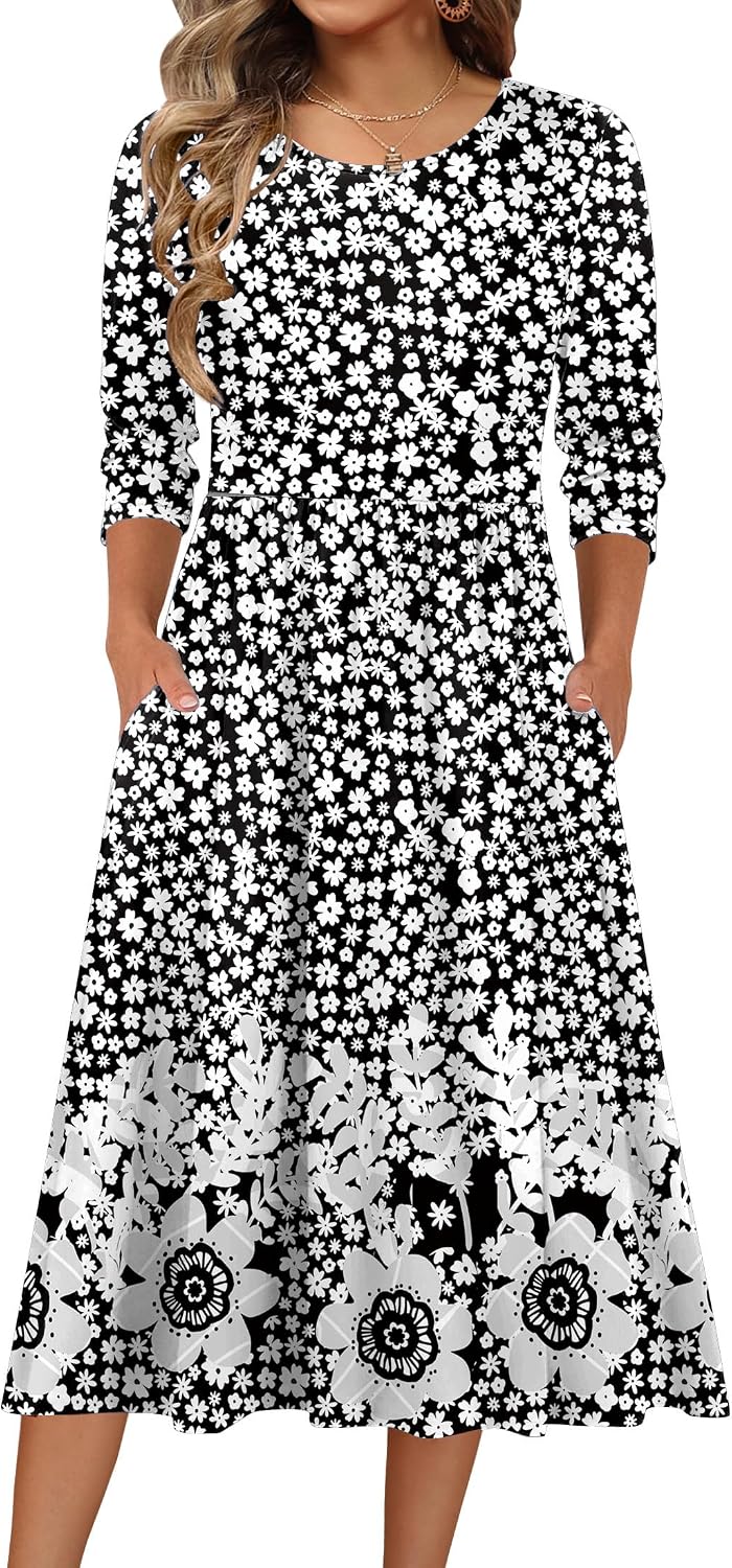 Zeagoo 3/4 Sleeve Women's Dress Casual Aline Summer Fall Midi Long Dresses