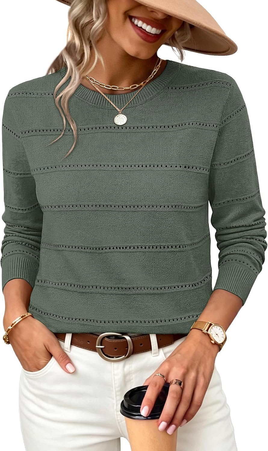 WIHOLL Fall Outfits for Women 2026 Hollow Out Knit Sweater Fashion Clothing