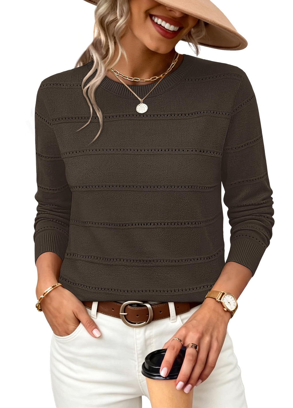 WIHOLL Fall Outfits for Women 2026 Hollow Out Knit Sweater Fashion Clothing