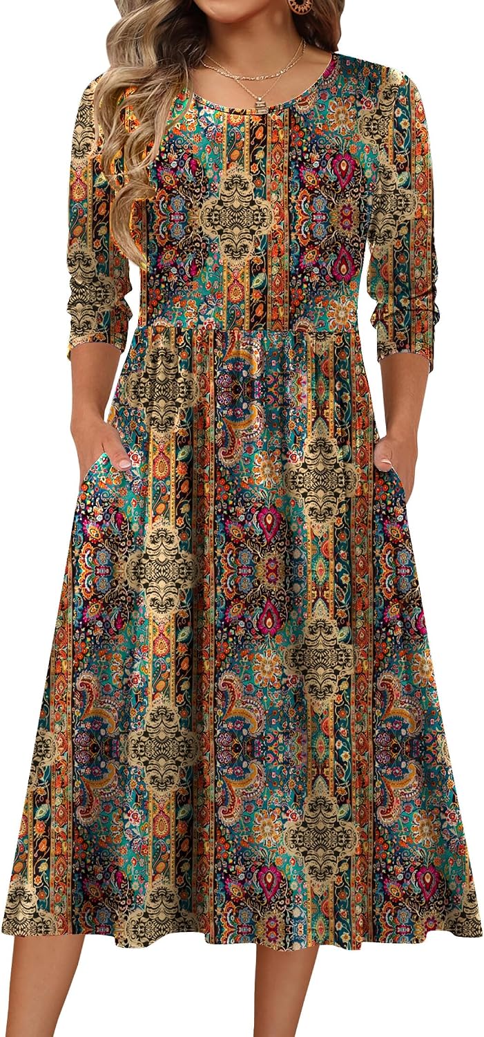 Zeagoo 3/4 Sleeve Women's Dress Casual Aline Summer Fall Midi Long Dresses